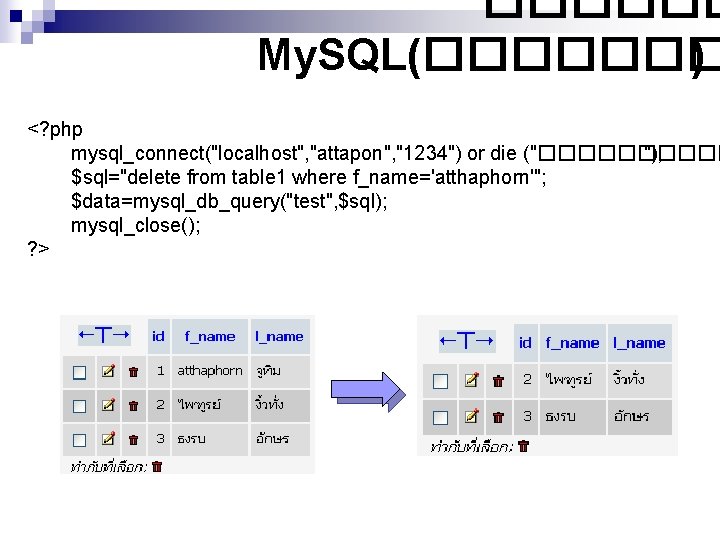 ������ My. SQL(������� ) <? php mysql_connect("localhost", "attapon", "1234") or die ("����� "); $sql="delete