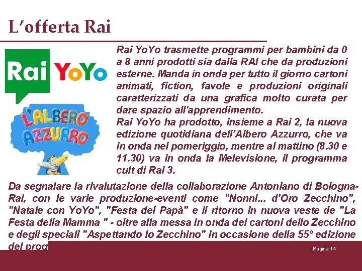 L’offerta Rai Yo. Yo trasmette programmi per bambini da 0 a 8 anni prodotti