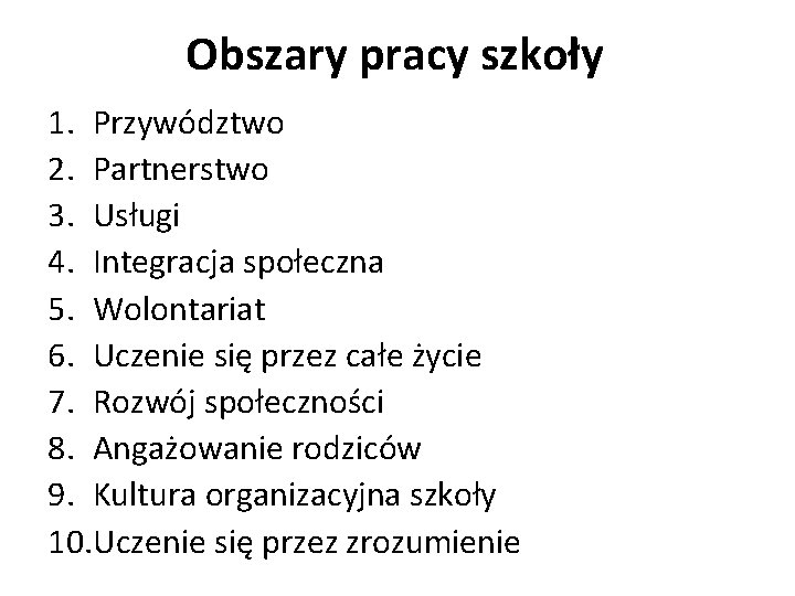 Obszary pracy szkoły 1. Przywództwo 2. Partnerstwo 3. Usługi 4. Integracja społeczna 5. Wolontariat