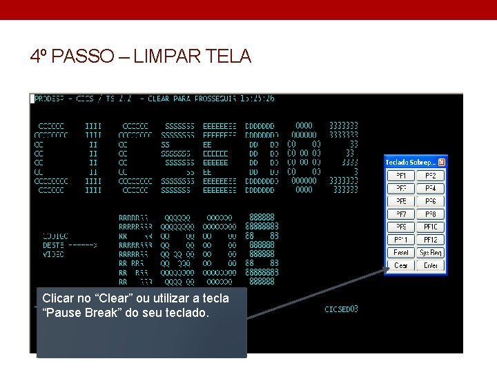 4º PASSO – LIMPAR TELA Clicar no “Clear” ou utilizar a tecla “Pause Break”