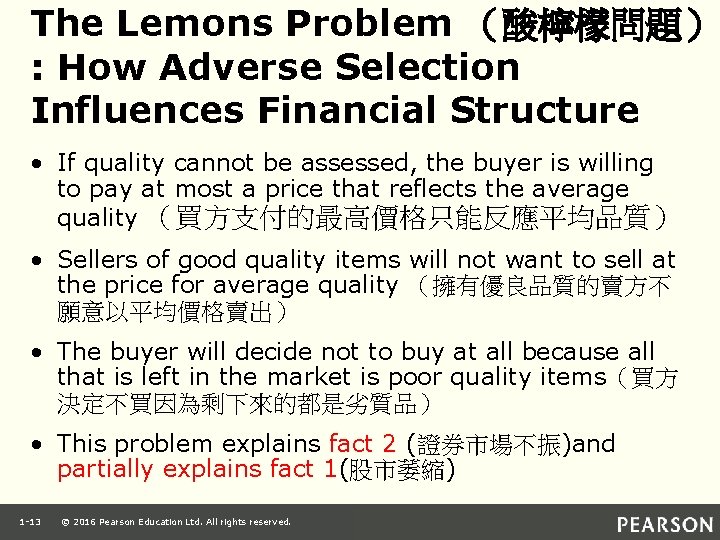 The Lemons Problem （酸檸檬問題） : How Adverse Selection Influences Financial Structure • If quality