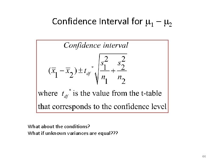 Confidence Interval for m 1 – m 2 What about the conditions? What if