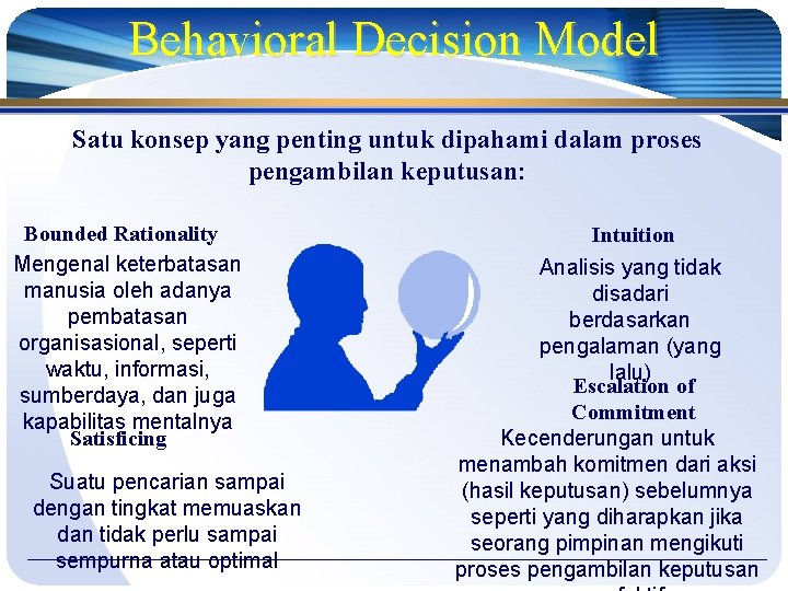 Behavioral Decision Model Satu konsep yang penting untuk dipahami dalam proses pengambilan keputusan: Bounded