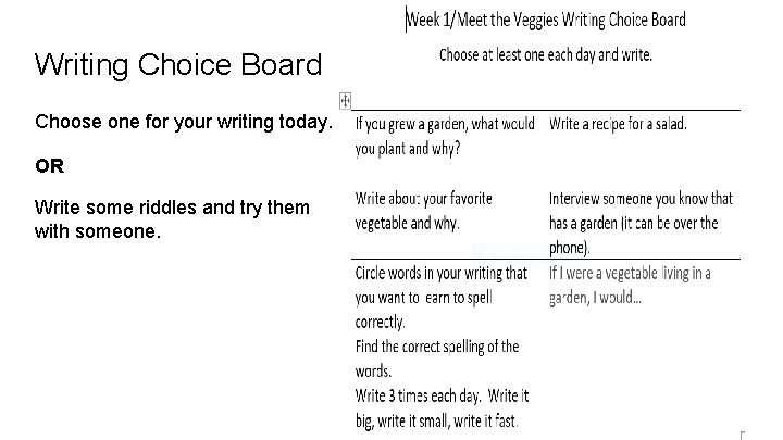 Writing Choice Board Choose one for your writing today. OR Write some riddles and