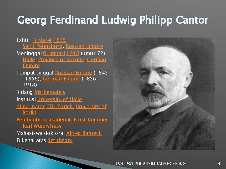 Georg Ferdinand Ludwig Philipp Cantor Lahir : 3 Maret 1845 Saint Petersburg, Russian Empire