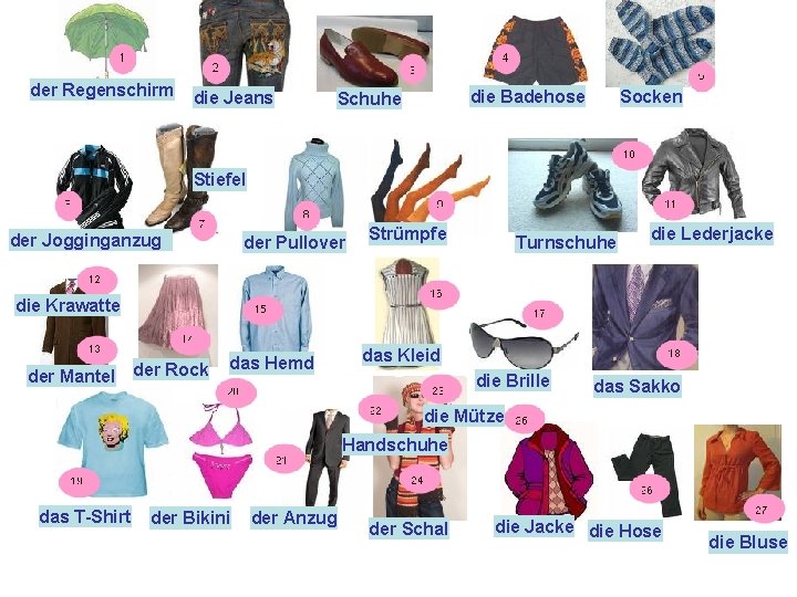 der Regenschirm die Jeans die Badehose Schuhe Socken Stiefel der Jogginganzug der Pullover Strümpfe