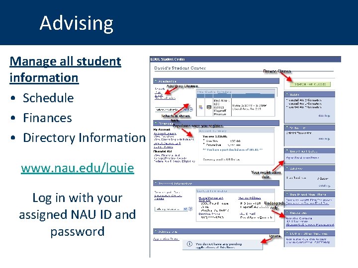 Advising Manage all student information • Schedule • Finances • Directory Information www. nau.