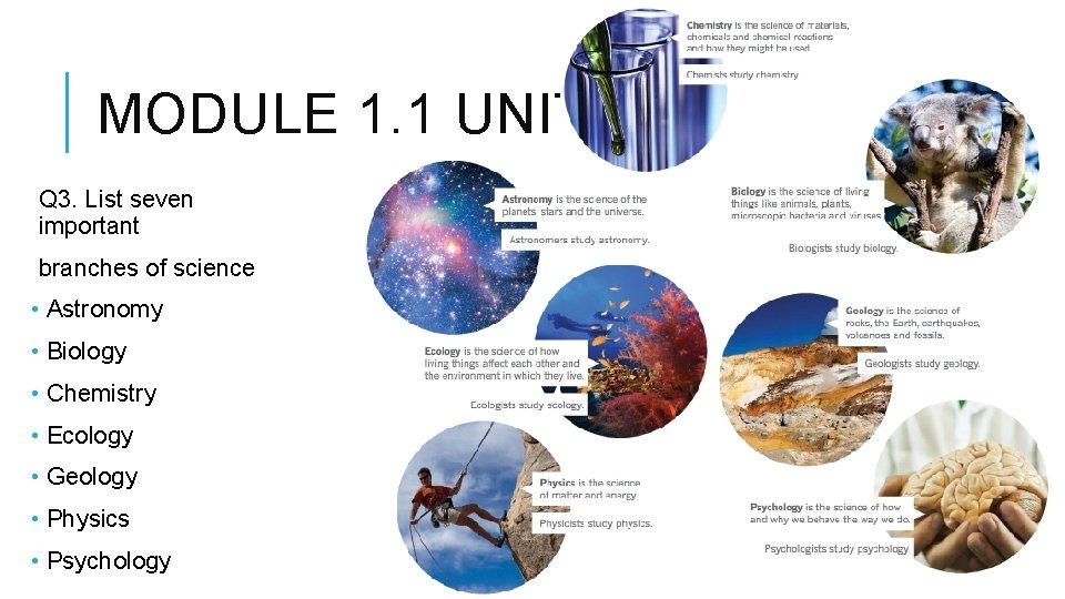 MODULE 1. 1 UNIT REVIEW Q 3. List seven important branches of science •