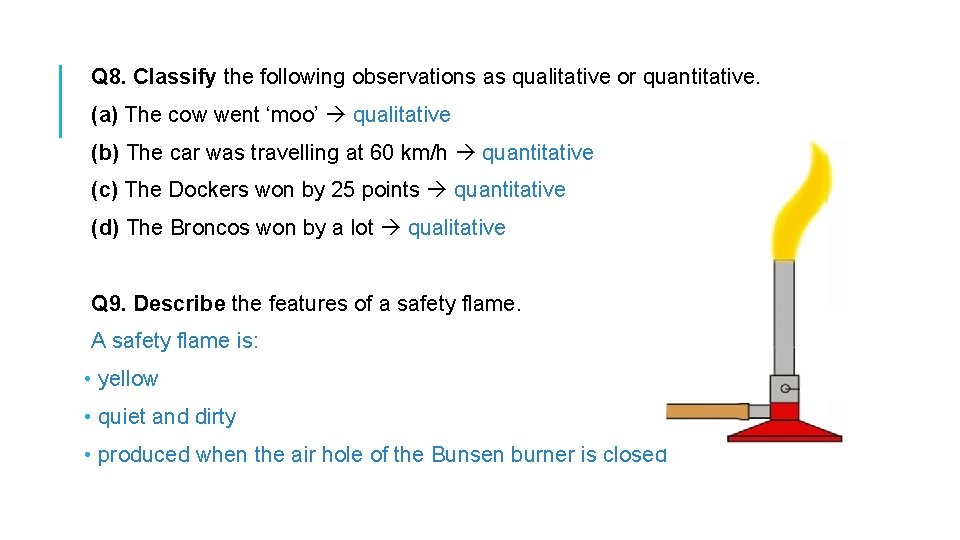 Q 8. Classify the following observations as qualitative or quantitative. (a) The cow went