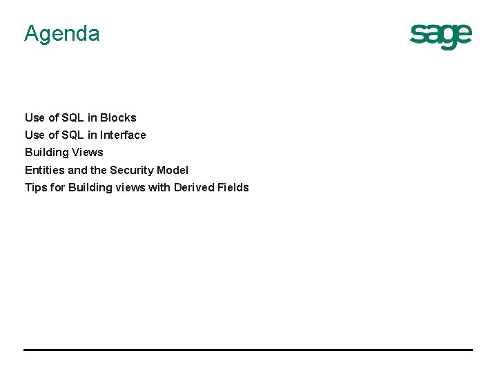 Agenda Use of SQL in Blocks Use of SQL in Interface Building Views Entities