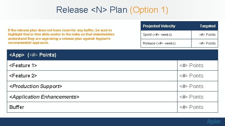Release <N> Plan (Option 1) If the release plan does not have room for Release <N> Plan (Option 1) If the release plan does not have room for