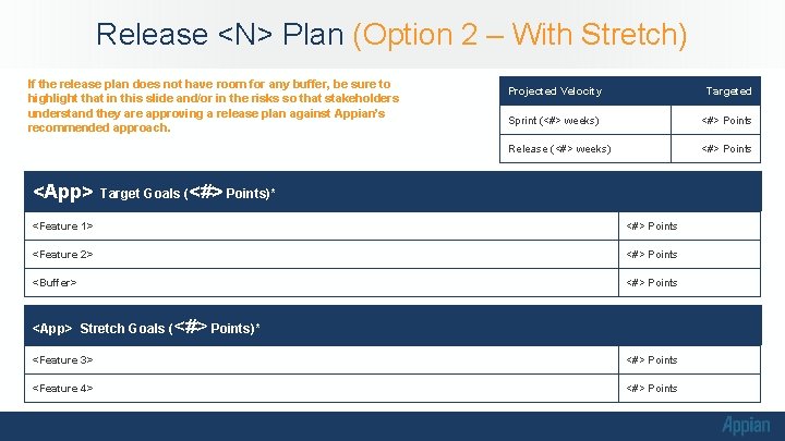 Release <N> Plan (Option 2 – With Stretch) If the release plan does not Release <N> Plan (Option 2 – With Stretch) If the release plan does not