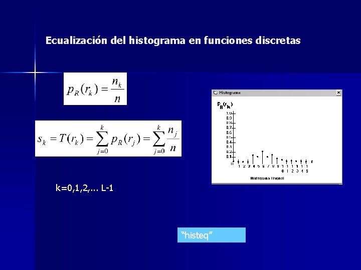 Ecualización del histograma en funciones discretas k=0, 1, 2, . . . L-1 “histeq”