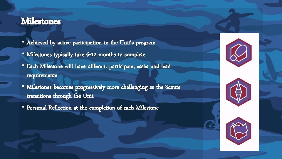 Milestones • Achieved by active participation in the Unit’s program • Milestones typically take Milestones • Achieved by active participation in the Unit’s program • Milestones typically take