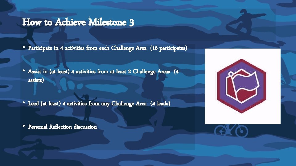 How to Achieve Milestone 3 • Participate in 4 activities from each Challenge Area How to Achieve Milestone 3 • Participate in 4 activities from each Challenge Area