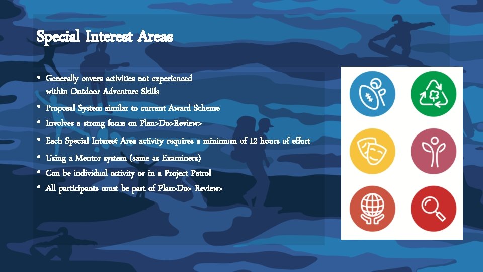 Special Interest Areas • Generally covers activities not experienced within Outdoor Adventure Skills • Special Interest Areas • Generally covers activities not experienced within Outdoor Adventure Skills •