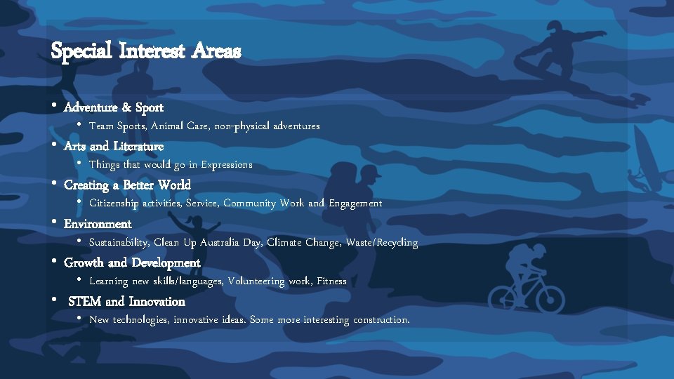 Special Interest Areas • Adventure & Sport • Team Sports, Animal Care, non-physical adventures Special Interest Areas • Adventure & Sport • Team Sports, Animal Care, non-physical adventures
