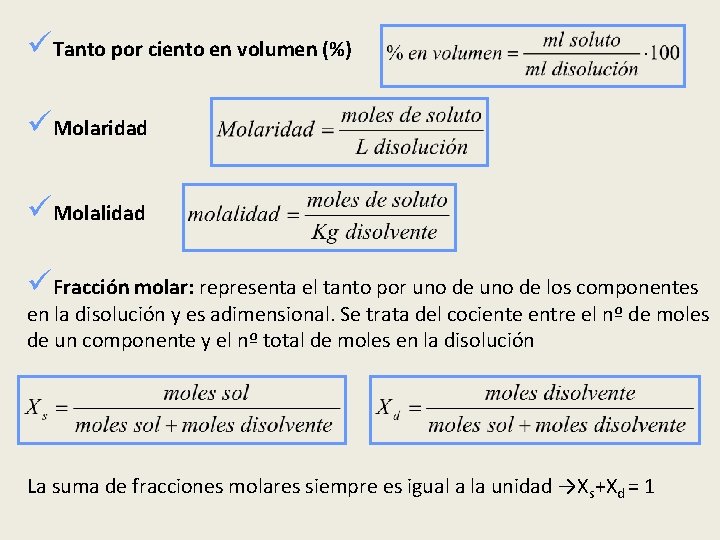 üTanto por ciento en volumen (%) üMolaridad üMolalidad üFracción molar: representa el tanto por