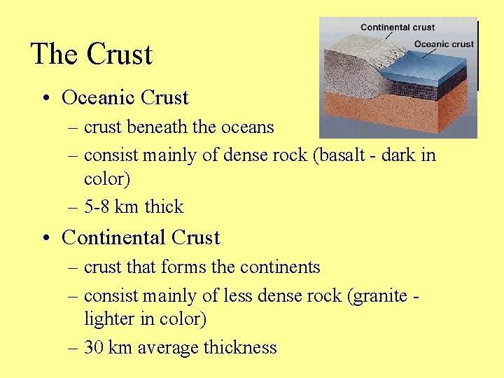 The Crust • Oceanic Crust – crust beneath the oceans – consist mainly of