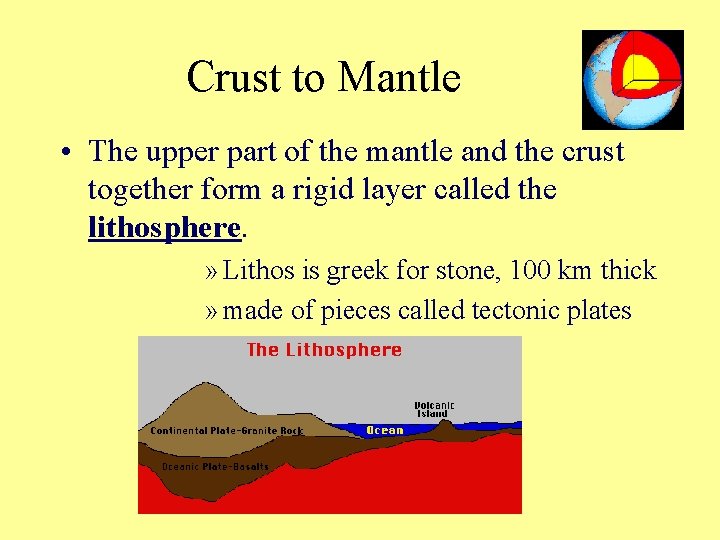 Crust to Mantle • The upper part of the mantle and the crust together