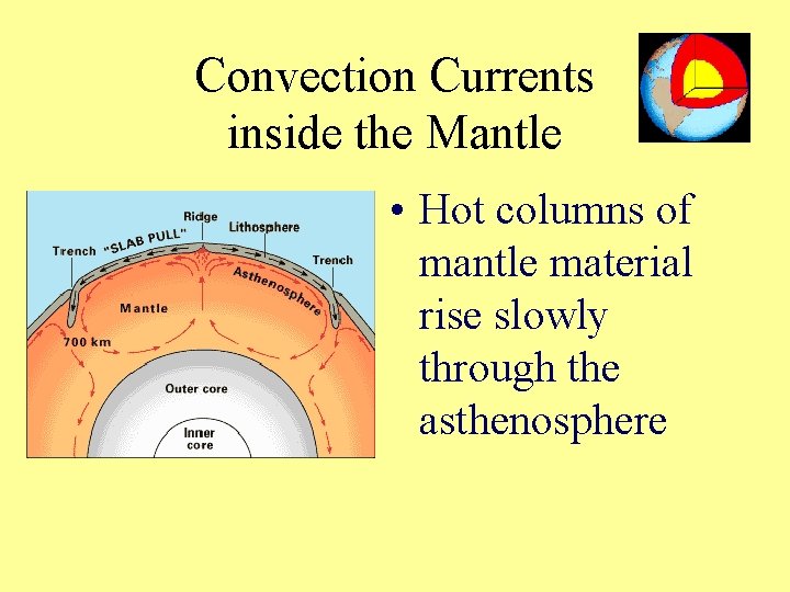 Convection Currents inside the Mantle • Hot columns of mantle material rise slowly through