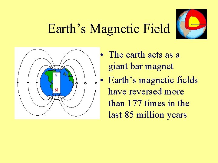 Earth’s Magnetic Field • The earth acts as a giant bar magnet • Earth’s