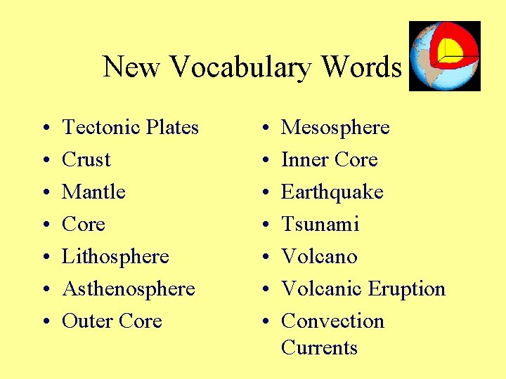 New Vocabulary Words • • Tectonic Plates Crust Mantle Core Lithosphere Asthenosphere Outer Core