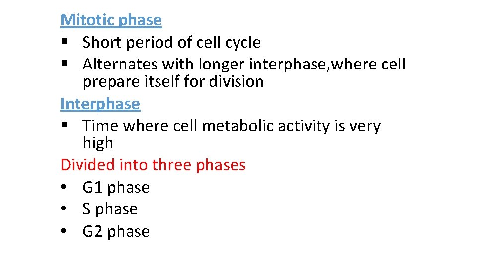 Mitotic phase § Short period of cell cycle § Alternates with longer interphase, where