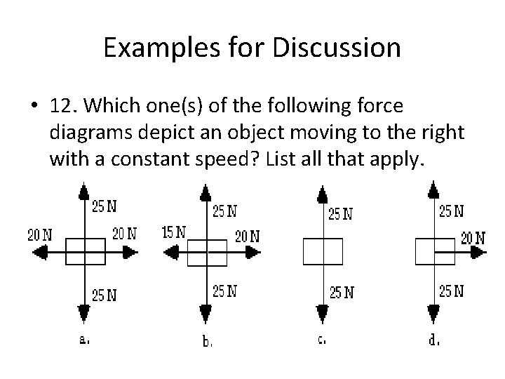 Examples for Discussion • 12. Which one(s) of the following force diagrams depict an