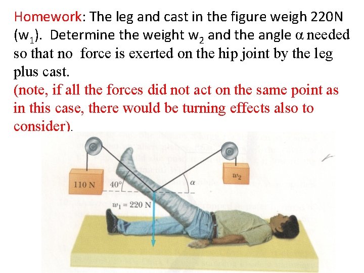 Homework: The leg and cast in the figure weigh 220 N (w 1). Determine