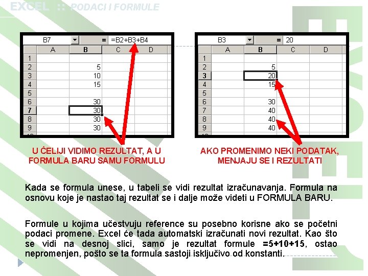 EXCEL : : PODACI I FORMULE U ĆELIJI VIDIMO REZULTAT, A U FORMULA BARU