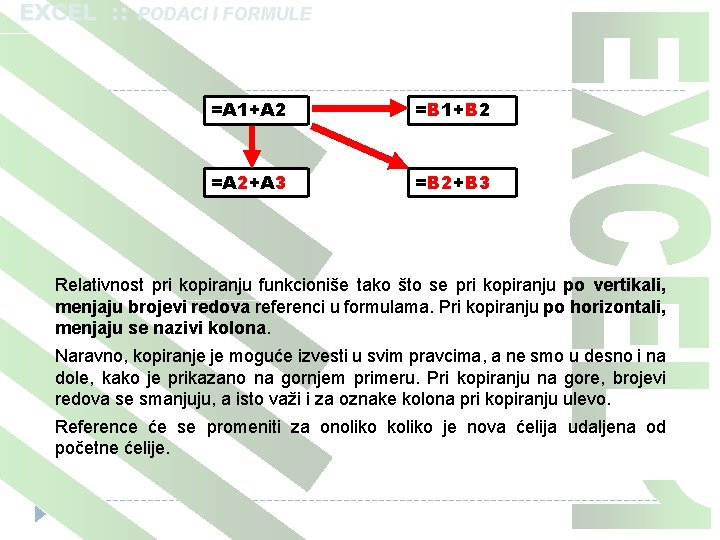 EXCEL : : PODACI I FORMULE =A 1+A 2 =B 1+B 2 =A 2+A