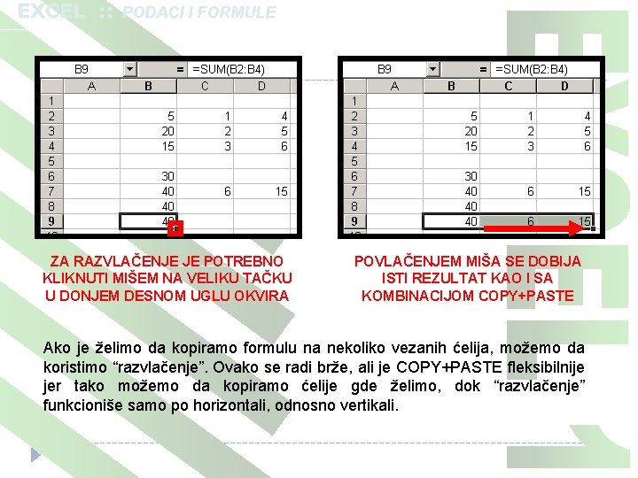 EXCEL : : PODACI I FORMULE ZA RAZVLAČENJE JE POTREBNO KLIKNUTI MIŠEM NA VELIKU