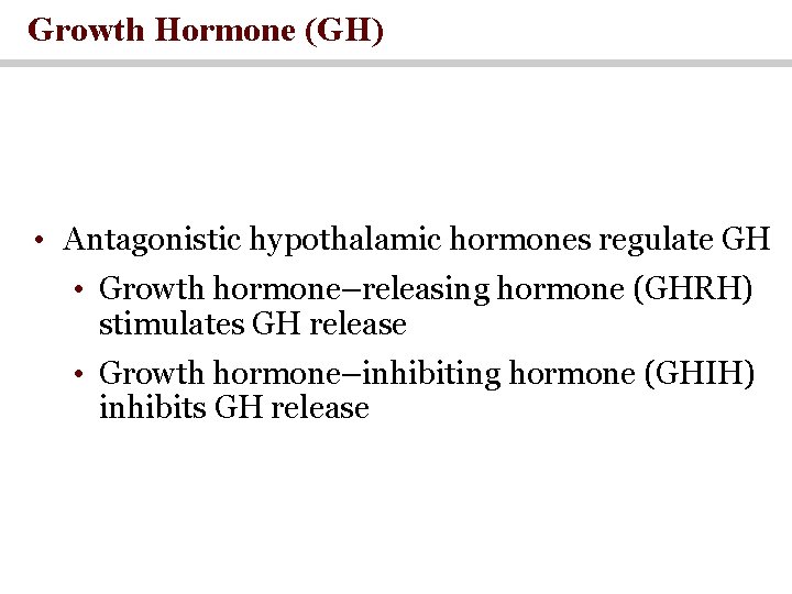 Growth Hormone (GH) • Antagonistic hypothalamic hormones regulate GH • Growth hormone–releasing hormone (GHRH)