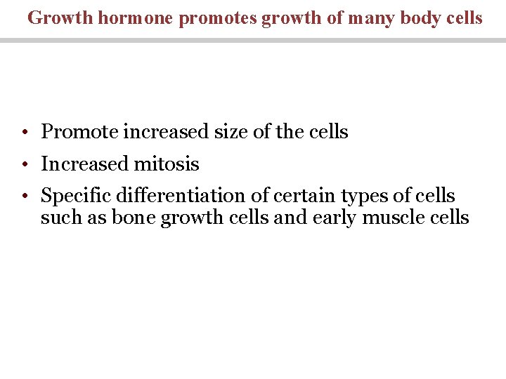 Growth hormone promotes growth of many body cells • Promote increased size of the