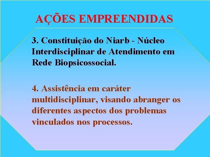 AÇÕES EMPREENDIDAS 3. Constituição do Niarb - Núcleo Interdisciplinar de Atendimento em Rede Biopsicossocial.