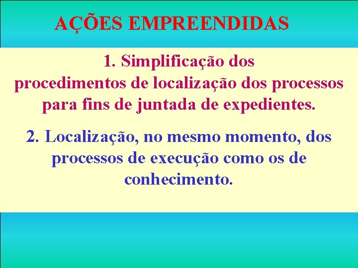 AÇÕES EMPREENDIDAS 1. Simplificação dos procedimentos de localização dos processos para fins de juntada