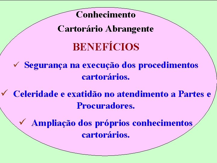 Conhecimento Cartorário Abrangente BENEFÍCIOS ü Segurança na execução dos procedimentos cartorários. ü Celeridade e