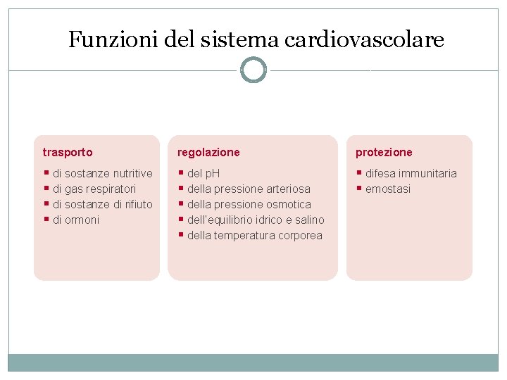 Funzioni del sistema cardiovascolare trasporto regolazione protezione § di sostanze nutritive § di gas Funzioni del sistema cardiovascolare trasporto regolazione protezione § di sostanze nutritive § di gas