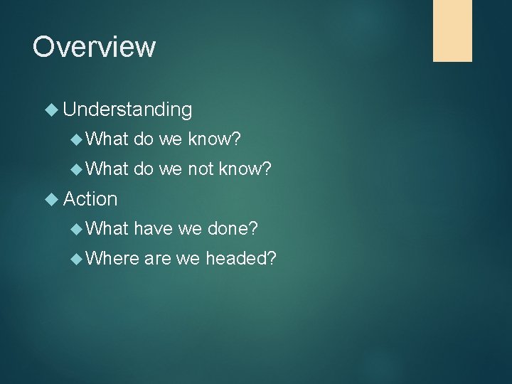 Overview Understanding What do we know? What do we not know? Action What have