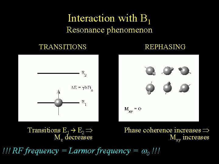 Interaction with B 1 Resonance phenomenon TRANSITIONS Transitions E 1 E 2 Mz decreases