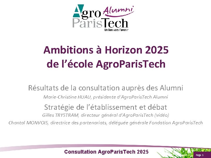 Ambitions à Horizon 2025 de l’école Agro. Paris. Tech Résultats de la consultation auprès