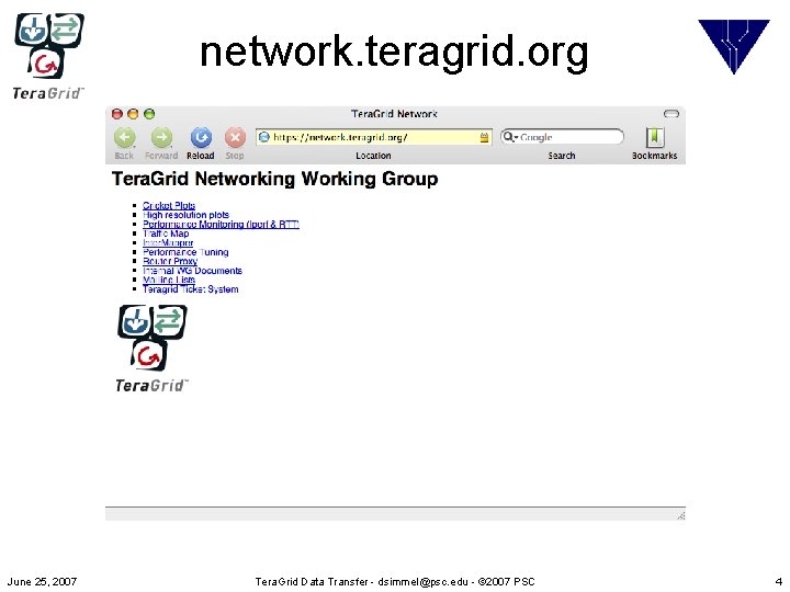 network. teragrid. org June 25, 2007 Tera. Grid Data Transfer - dsimmel@psc. edu -