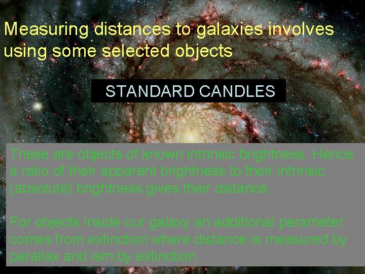 Measuring distances to galaxies involves using some selected objects STANDARD CANDLES These are objects