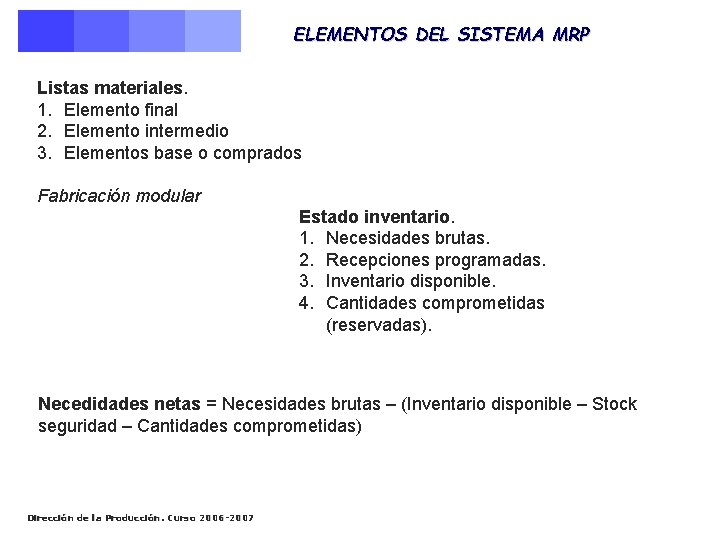 ELEMENTOS DEL SISTEMA MRP Listas materiales. 1. Elemento final 2. Elemento intermedio 3. Elementos
