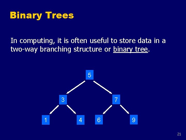 Binary Trees In computing, it is often useful to store data in a two-way Binary Trees In computing, it is often useful to store data in a two-way