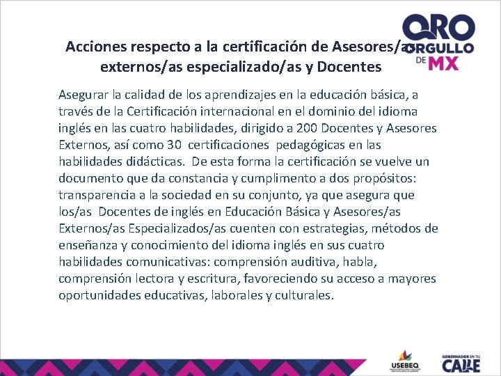 Acciones respecto a la certificación de Asesores/as externos/as especializado/as y Docentes Asegurar la calidad