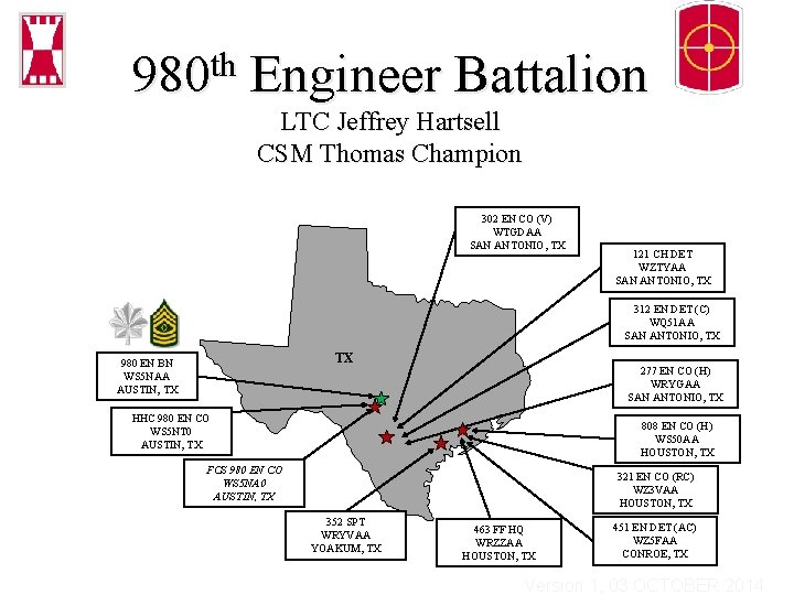 980 th Engineer Battalion LTC Jeffrey Hartsell CSM Thomas Champion 302 EN CO (V)