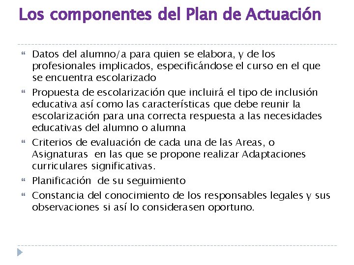 Los componentes del Plan de Actuación Datos del alumno/a para quien se elabora, y