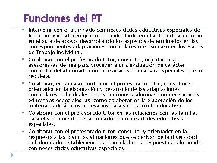 Funciones del PT Intervenir con el alumnado con necesidades educativas especiales de forma individual